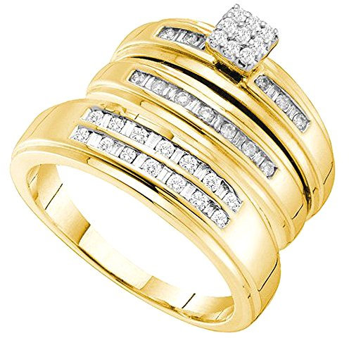 DazzlingRock Collection Men 0.48 Carat (Ctw) 14K Yellow Gold Round & Baguette Diamond Men's & Women's Bridal Ring Trio Set 1/2 Ct