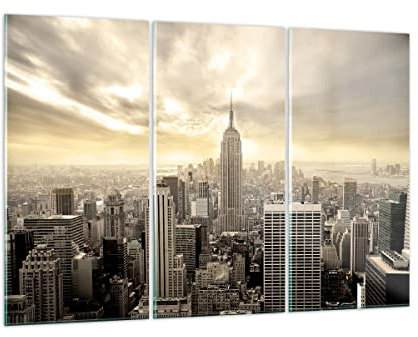 Mehrteilige Bilder auf Glas 165x110cm Glasbild Stadt Wolkenkratzer Manhattan New York Groß XXL Wanddeko Schlafzimmer Küche Set 3 teilige Wandbilder Dekoration Wohnzimmer Modern Art GCE165x110-2630