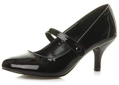 AJVANI Low mid Heel Mary Jane Strap Work Party Court Shoes Size 5 38 Black Patent