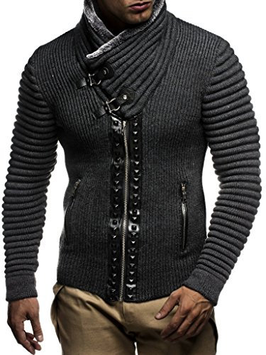 Leif Nelson Herren Strickjacke Schalkragen Slim Fit Winter-Freizeit-Jacke Sommer Moderne Männer Pulli Grobstrick Sweatjacke Langarm Herren schwarzer Hoodie-Pullover 5165 Anthrazit-Schwarz Medium