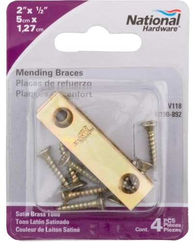 NATIONAL MFG/SPECTRUM BRANDS HHI N190-892 Mending Plate with Screws (4 Pack), 2 x 1/2, Bright Brass Finish