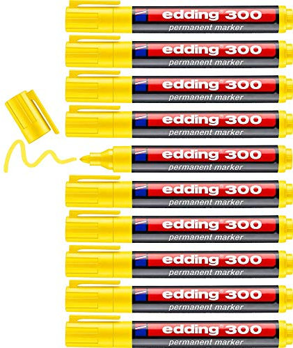 edding 300 permanent marker - yellow - 10 pens - round tip 1.5-3 mm - waterproof, quick-drying, smear-proof pens - for cardboard, plastic, glass, wood, metal and fabric