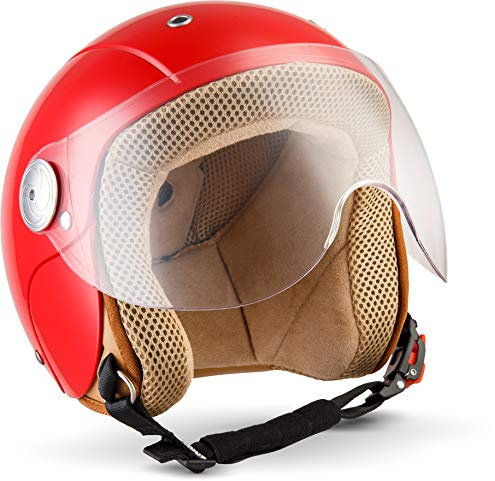 SOXON® SK-55 „Red“ · Kinder Jet-Helm · Motorrad-Helm Kinder-Helm Roller-Helm Kids Scooter-Helm Vespa Bobber Mofa-Helm Chopper Retro · ECE 22.05 Visier Schnellverschluss SlimShell Tasche XS (51-52cm)