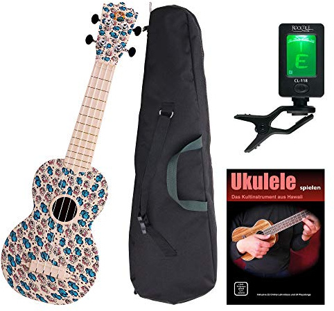 Classic Cantabile BeachBuddy Sunny Zoo Ukulele Set inkl. Tuner und Schule | Classic Cantabile Sopran-Ukulele, Trotzt Feuchtigkeit und Temperaturschwankungen, Sopran Mensur, 12 Bünde, Gewicht: nur 425g