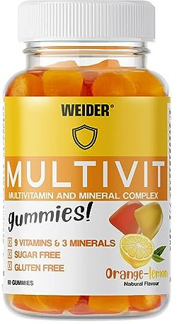 Weider Multivit Gummies (80 gommes) goût orange-citron, Complément Multivitaminé aux 9 vitamines et 3 minéraux, sans sucre, sans gluten