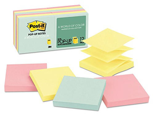 Post-it Pop-up Notes, 12 Sticky Note Pads, 3 x 3 in., School Supplies, Office Products, Accordion Sticky Notes Work with Pop-Up Note Dispenser, Beachside Café Collection