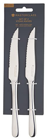 MasterClass Steak Knives Set, Two Stainless Steel Knives for Steak, Serrated Edges for Effortless Cutting, Stain and Corrosion Resistant, Dishwasher Safe, Silver