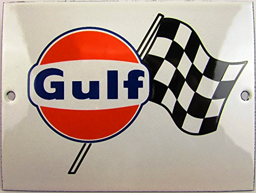 US-Way.de Gulf Flagg, 9cm x 12cm Emaille Schild – Classic Retro Reklameschild im 50er Jahre Life Style – Hochwertiges Nostalgie Metallschild für Garage, Werkstatt, Wohnzimmer &