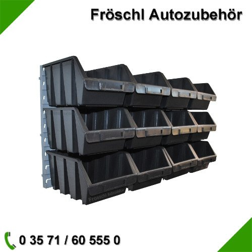 12x Gr.3 Schwarz Sortimentskasten mit Wandhalterung Halterung Lagerkiste Kasten Wandplatte Stapelbox Lagersichtkasten Werkstattwand Werkstatt Aufbewahrungsbox Aufhängevorrichtung Sichtlagerkästen Kunststoff Regalbox Box Lagerbox Sichtlagerbox