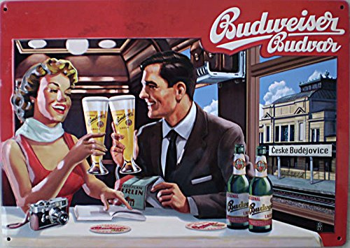 Blechschild Budweiser Bier Pärchen im Reisezug Speisewaggon Budvar 8