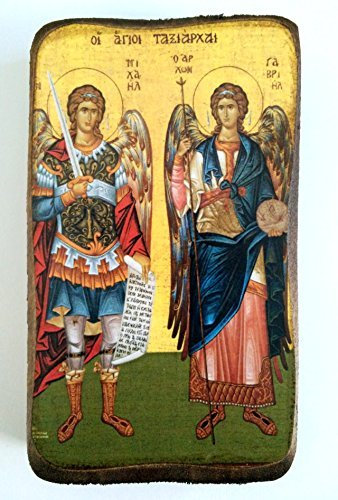 Hölzerne griechisch-christlich-orthodoxe Holz-Ikone des Erzengels Michael und Gabriel / A0