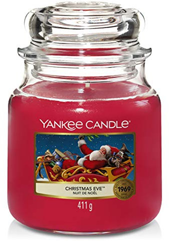Yankee Candle 1199604 Vela Media aromática en Tarro a víspera de Navidad, Cristal, Rojo, 10.1x9.8x13.9 cm