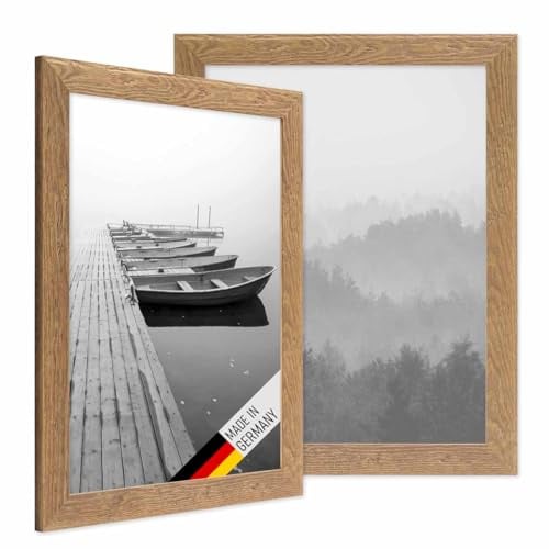 PHOTOLINI Bilderrahmen A3 30x42 cm Holz Eiche-Optik, 2er Set Echtholz-Rahmen rustikal, Strandhaus, Made in Germany, Echtglas, zum Aufhängen, extra Zubehör - Treibholzlook mit einem Hauch Küstenflair