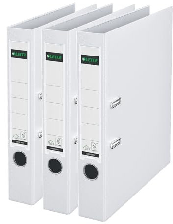 Leitz Qualitäts-Ordner 180° Plastik, 3er Pack, das Original, DIN A4 Aktenordner 5 cm schmal, 90% Recycling-Karton, 30% Pre-Consumer Recycling-Kunststoff, Mit 180° Mechanik, 350 Blatt, Weiß, 310345001