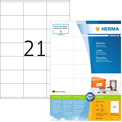 HERMA 4451 Adressetiketten, 100 Blatt, 70 x 42 mm, 21 pro A4 Bogen, 2100 Stück, selbstklebend, bedruckbar, matt, blanko Papier Adressaufkleber Etiketten, weiß