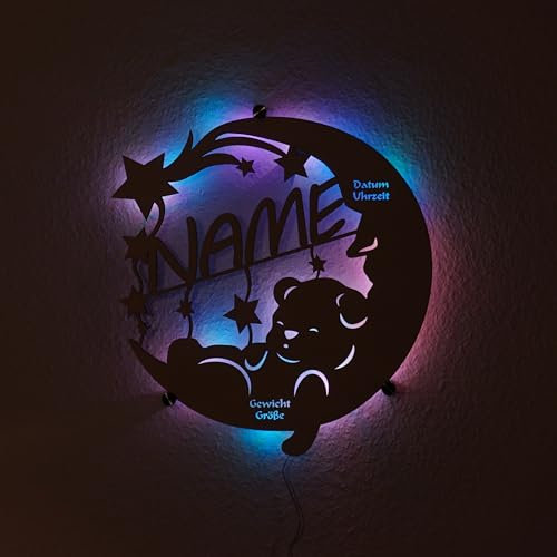 Personalisierbares Nachtlicht Bär auf Mond aus Holz | Kinderzimmer Lampe mit Name | Warmweiß oder RGB LED mit Fernbedienung | HDF und Pappelsperrholz Deko für Babyzimmer & Geschenk Geburt