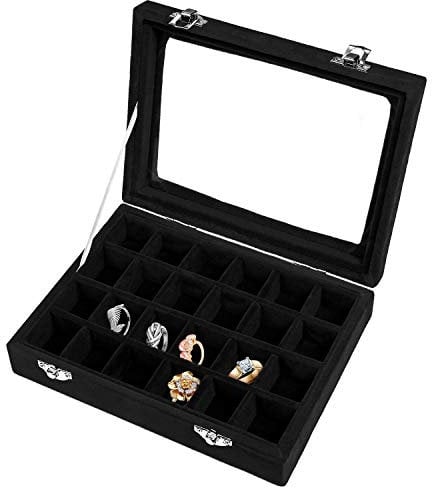 Meshela 24 Fächer Damen Schmuckkasten Schmuck Box Schmuckkoffer Schmuckständer Aufbewahrungsbox für Ringe Ohrringe Halskette(Schwarz)