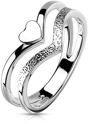 Bungsa Silberner Damenring Herz mit doppelter Ringschiene im romantischen Design aus 316L Edelstahl