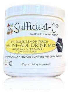 Sufficient-C High Dose Non-GMO Vitamin C Lemon Peach Immune-Ade Drink Mix, Convenient 125 Gram Size w/L-lysine, Bromelain & a Premium 96% Pure Green Tea Extract - Stomach Friendly, Adrenal Supportive