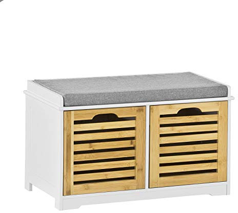 SoBuy Hallway Storage Bench Shoe Bench Shoe Cabinet with Seat Cushion and 2 Drawers White and Natural W71 x D34 x H43cm FSR23-K-WN