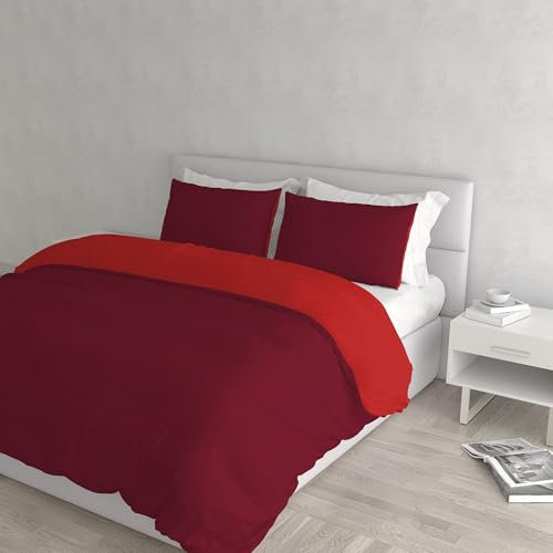 Set Copripiumino 100% Cotone Natural Color, Made in Italy - Parure Copri Piumino - Sacco Piumone 250x200 cm con Doppia Patella e Federe Cuscino, Matrimoniale, Bordeaux/Rosso