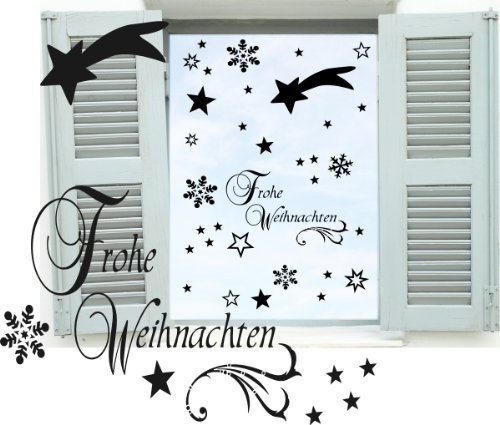 Dekobogen Schwarz Weihnachtsfenster 44 Teile Sterne, Sternschnuppe, Schneeflocken, Schriftzug Frohe Weihnachten Aufkleber konturgeschnittene Fensterdekoration, Fensterbild / Fensteraufkleber, Wandtattoo Deko Sticker, Autoaufkleber, Weihnachtsdekoration 70015