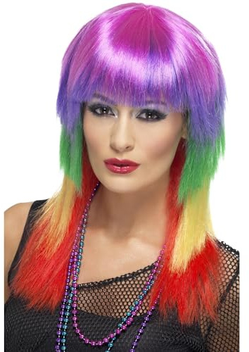 Smiffys Rainbow Rocker Wig, Rainbow Long, with Fringe, 1980's Fancy Dress, Adult Dress Up Wigs