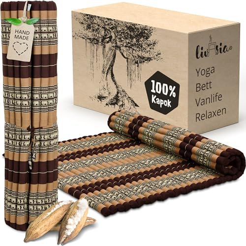 Asia WOHNSTUDIO livasia Rollmatte XXL breit Doppelbett - 200x145x4,5cm - Gästebett Gästematratze 2 Personen mit Muster, Reisebett für Kofferraum und outdoor, Thaimatte Kapok Garten und Balkon (Braun/E