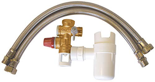 DIPRA – Ensemble de Raccordement Chauffe-Eau – Groupe de Sécurité Vertical + Entonnoir Siphon + 2 Flexibles Inox 50 cm – Certifié ACS