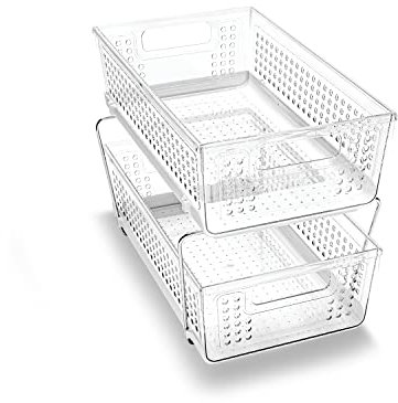 Madesmart 2-Tier Plastic Multipurpose Organizer with Divided Slide-Out Storage Bins, Under Sink and Cabinet Organizer Rack, Clear