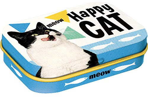 Nostalgic-Art Retro Pillendose, 4 x 6 x 1,6 cm, Happy Cat – Geschenk-Idee für Katzen-Besitzer, mit Pfefferminz-Dragees, Vintage Design