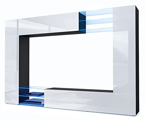 Vladon Wohnwand Mirage, Made in Germany, Anbauwand mit Rückwand mit 2 Türen, 2 Klappen und 6 offenen Glasablagen, Schwarz matt/Weiß Hochglanz, inkl. LED-Beleuchtung (262 x 183 x 39 cm)