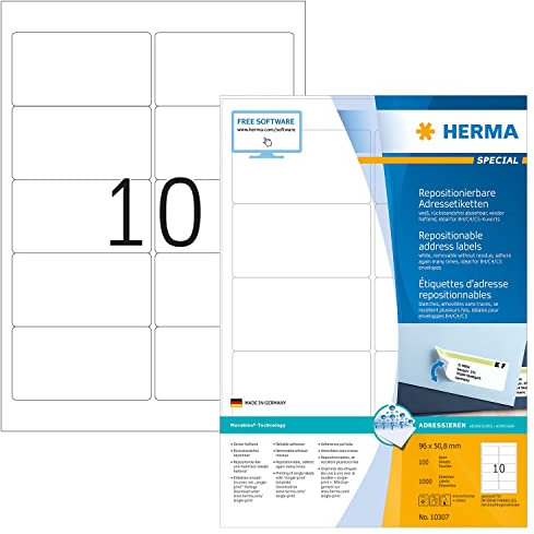 HERMA 10307 Universal Etiketten ablösbar, 100 Blatt, 96 x 50,8 mm, 10 pro A4 Bogen, 1000 Stück, selbstklebend, bedruckbar, matt, blanko Papier Klebeetiketten Aufkleber, weiß