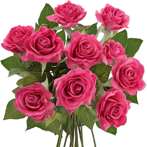 FiveSeasonStuff 10 Stems Real Touch Roses Artificial Flower Silk Roses ‘Petals Feel and Look like Fresh Roses' Bouquet of Flowers Floral Arrangements (Hot Pink #4)
