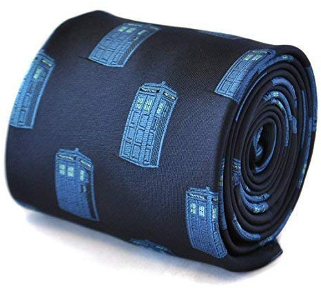Frederick Thomas Navy Blue Men’s Tie with Doctor Who Blue Policeman TARDIS Box Design, Premium Fabric, Classic 8cm Width, 147cm Length, Ideal for Office, Weddings, Formal and Special Occasions