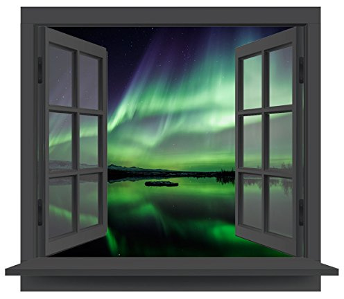 PrimeStick Premiumdesign Wandtattoo Fenster atemberaubender Ausblick auf die Polarlichter des Nordens aus dunklem Fenster in Originalgröße 120 x 102cm farbig #137