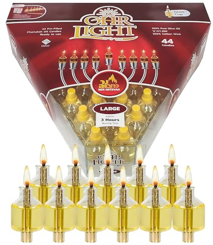 Vorgefüllte Chanukkah-Menora-Ölbecher – Olivenöl-Menorahbecher mit Docht gebrauchsfertig – 44 Stück Ohrlichter – große Brenndauer ca. 3 Stunden