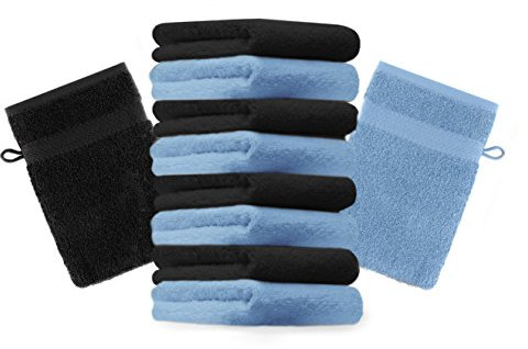 Betz 10 Stück Waschhandschuhe Premium 100% Baumwolle Waschlappen Set 16x21 cm Farbe schwarz und hellblau