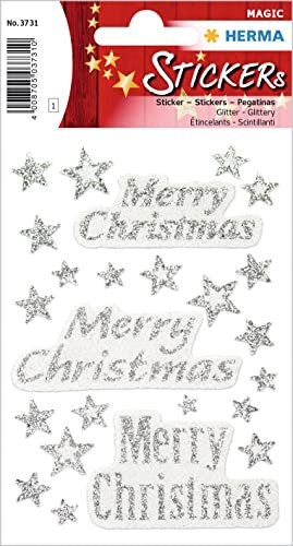 HERMA 3731 Aufkleber Merry Christmas Glitzer klein groß, 24 Stück, Weihnachten Sticker mit Sterne Motiv, Kinder Etiketten für Weihnachtsdeko Geschenke Adventskalender Winter Dekoration Briefe Basteln
