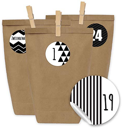 Papierdrachen Adventskalender 2026 - Mini Set Nr. 4 mit Klammern | 24 braune Geschenktüten - Inkl. Zahlenaufkleber - Schwarz-Weiß - Geometrisch - Weihnachten - Zum Selbstbasteln & Verschenken