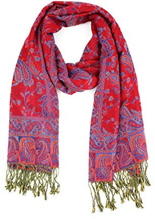 PASKMLNA Damen Paisley Pashmina-Schal, Rot-blaues Paisleymuster, Large