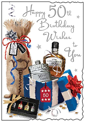 Cards Galore Online Geburtstagskarte zum 50. Geburtstag für Männer, Bierflasche, Bierglas, Uhr und Geschenke, 22,9 x 14,7 cm