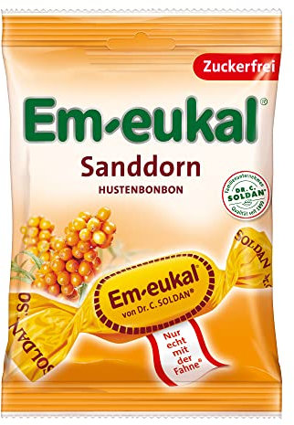 Em-eukal Sanddorn Hustenbonbon zuckerfrei 75g – Feines Sanddornsaft Konzentrat abgerundet mit einer fruchtigen Note Blutorange – Mit Vitamin C (1 x 75g)