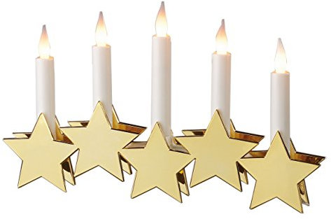 LED-Kerzenleuchter, Schwibbogen, Kunststoff, goldene Sterne, 5 warm-weiße LEDs, 27x17 cm, Kabel transparent, Indoor, batteriebetrieben (3AA), Weihnachts-Dekoration, Hellum 520316
