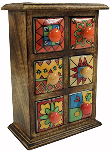 GURU SHOP Apothekerschränkchen mit Bunten Keramik Schubfächern, Gewürzkiste - 2x3 Fächer Modell 1, Braun, 25x18x10 cm, Dosen, Boxen & Schatullen