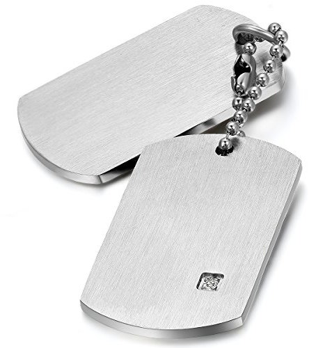 JewelryWe Personalisiert Dog Tag Halskette: Silber Edelstahl 2 Glänzend Poliert Erkennungsmarken Hundemarke Anhänger Kette mit Zirkonia Militärische Armee Stil Schmuck Gravur Geschenk Herren Männer
