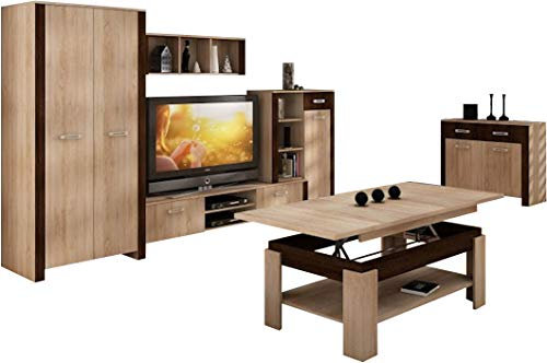 Wohnzimmer Möbel Satz, TV Wohnwand HUGO IV - Eiche Sonoma Hell/Eiche Sonoma Dunkel.