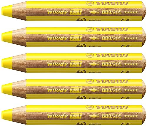 STABILO - Buntstift, Wasserfarbe & Wachsmalkreide - woody 3 in 1-5er Pack - gelb