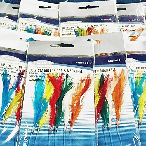 FLADEN (Min of 23 Packs of MULTI COLOUR FEATHERS - 6 Hooks - Sea Fishing Lure Rig (Hook Size 2/0) - Excellent Deep Sea Rig for Herring and Mackerel [17-1280-6-2/0-25]