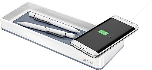Leitz Stifteschale mit Qi-Induktionsladegerät, Zum kabellosen Laden von Smartphone, Weiß/Grau, Duo Colour, WOW, 53651001